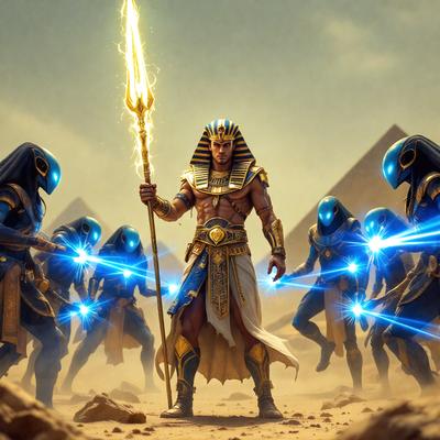 The primary subject of the image is a man dressed in Egyptian attire, holding a staff and standing in front of a group of blue and gold Egyptian statues. The setting appears to be a desert-like environment, with sand and dirt visible in the background. The visual style of the image is digital art, with the man and statues depicted in a detailed and realistic manner. The colors and mood of the image are predominantly warm and earthy tones, with the blue and gold accents adding a